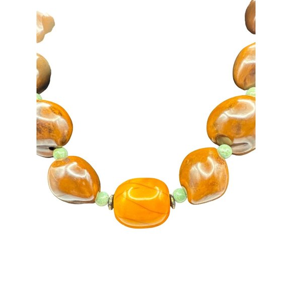 Brown and Orange Beaded Necklace with Green Spacer Beads 16 inch - Picture 2 of 7